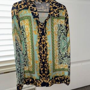 Rachel Zoe Navy and Gold Patterned Blouse